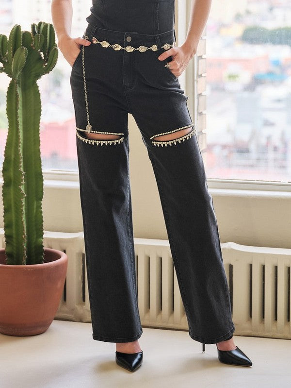 Cutout Rhinestone Jeans