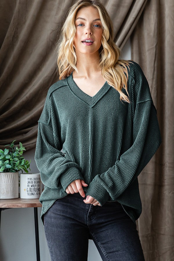 V-Neck Puff Sleeve Ribbed Top