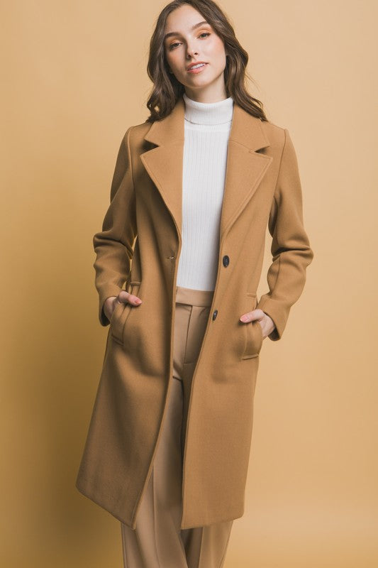 Notched Lapel Long Sleeve Button Coat