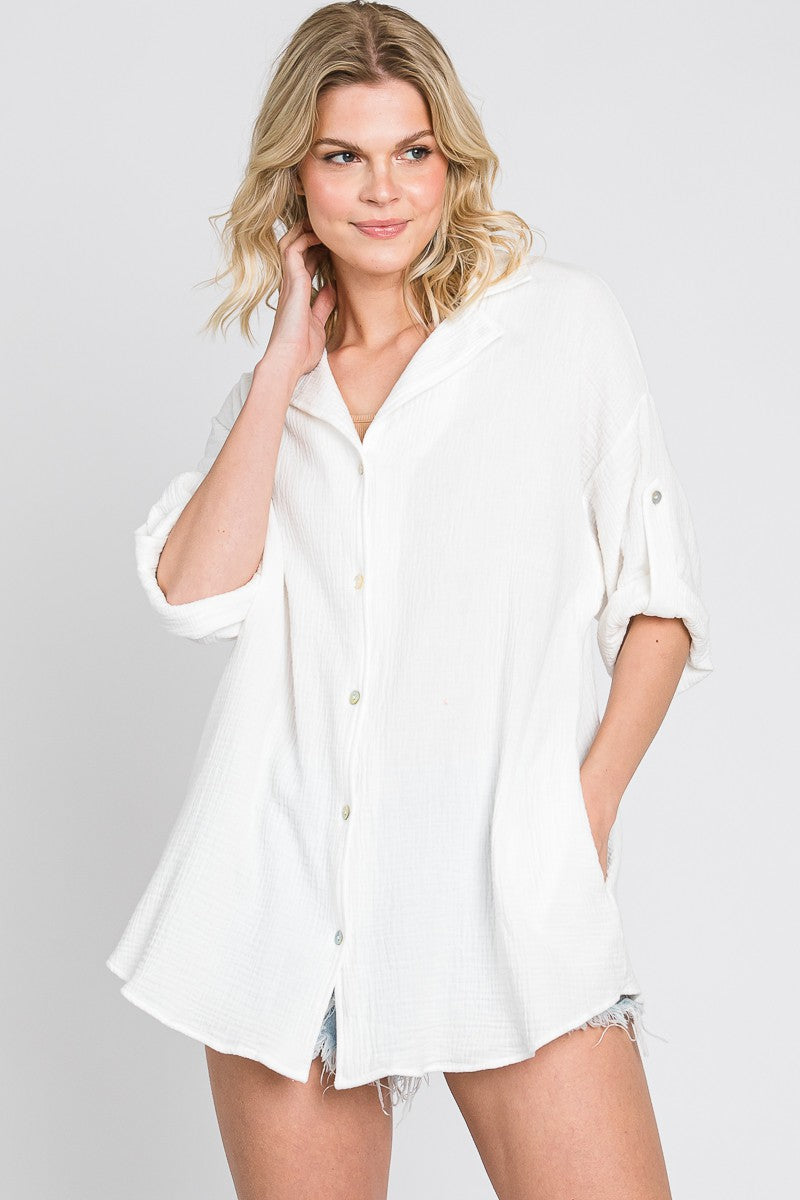 Garment Washed Button Down Closure Top