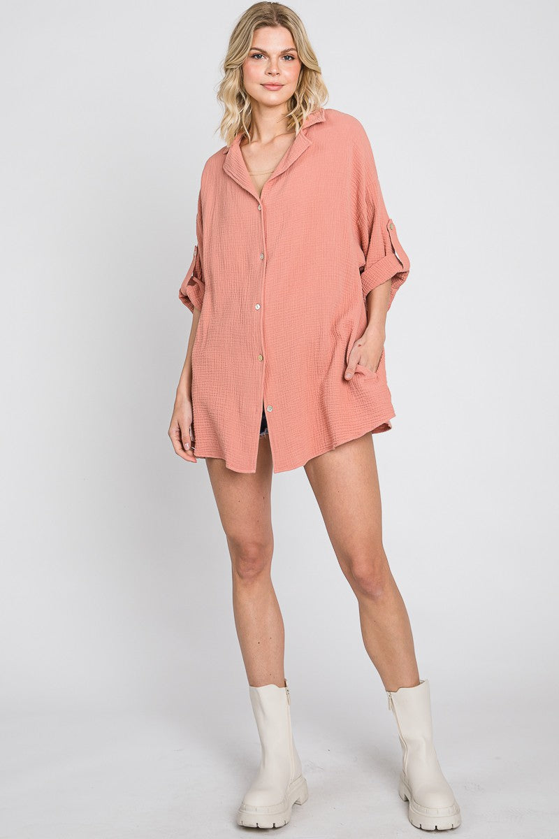 Garment Washed Button Down Rose Top