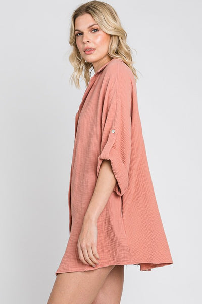 Garment Washed Button Down Rose Top