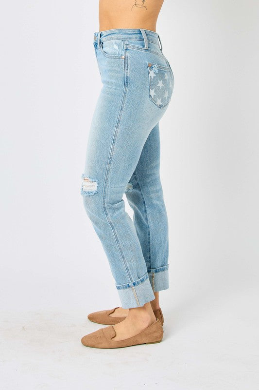 Judy Blue Mid Rise Flag Pocket Boyfriend Jeans