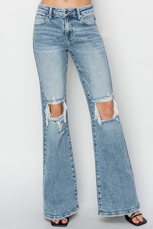 Risen Mid Rise Flare Distressed Jeans