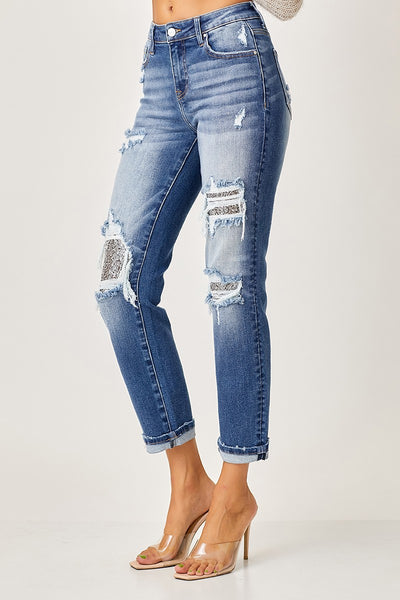 Risen Sequin Patch Straight Jeans