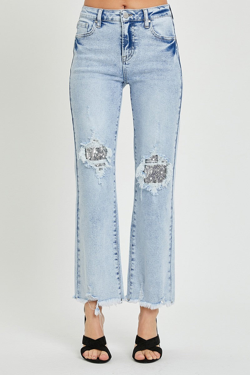 Risen Sequin Patch Straight Leg Jeans