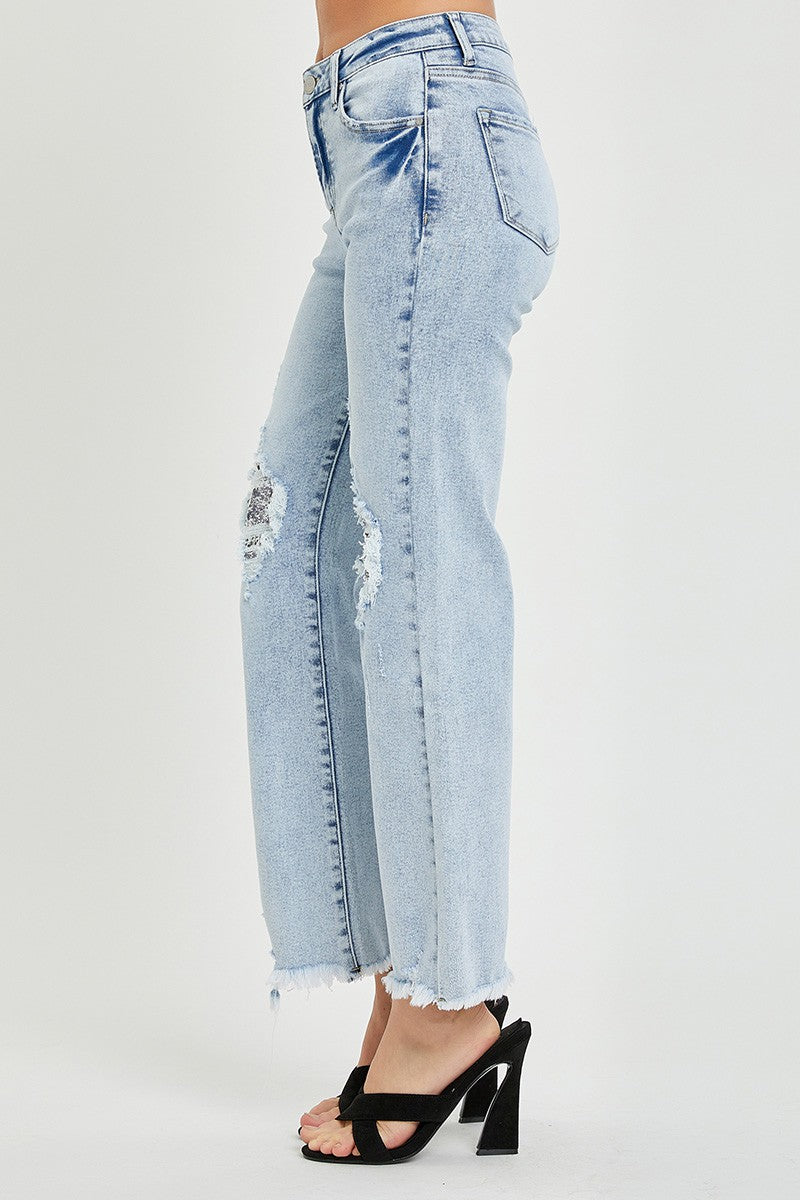 Risen Sequin Patch Straight Leg Jeans