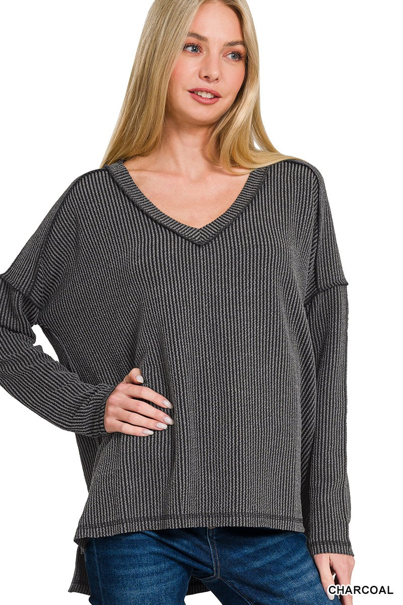 Ribbed Long Sleeve V Neck Top