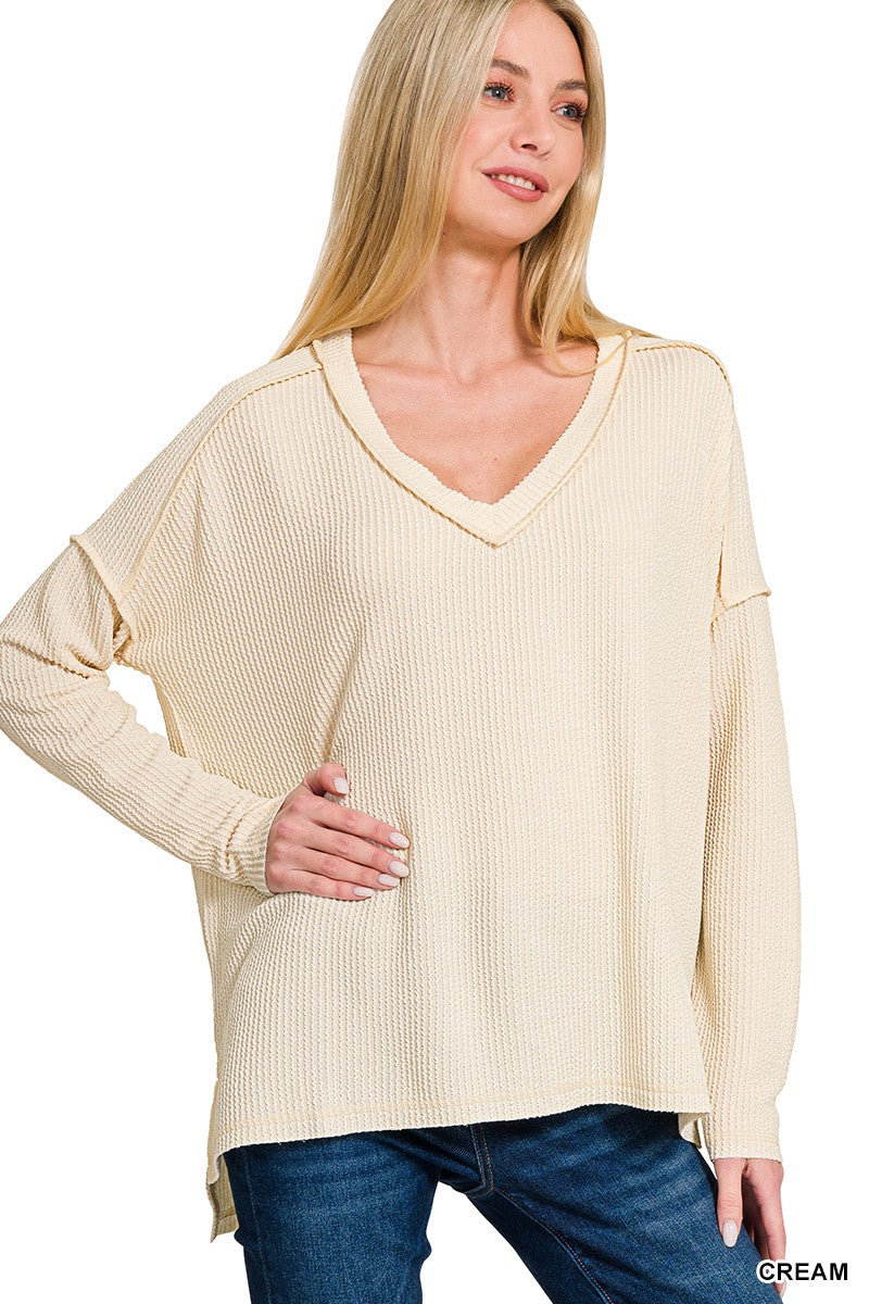 Ribbed Long Sleeve V Neck Top