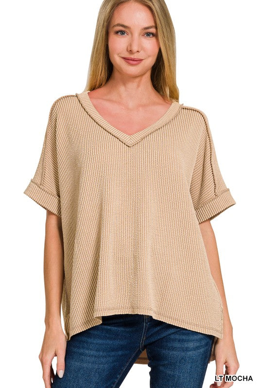 Ribbed Short Sleeve V Neck Top