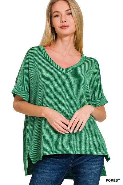 Ribbed Short Sleeve V Neck Top