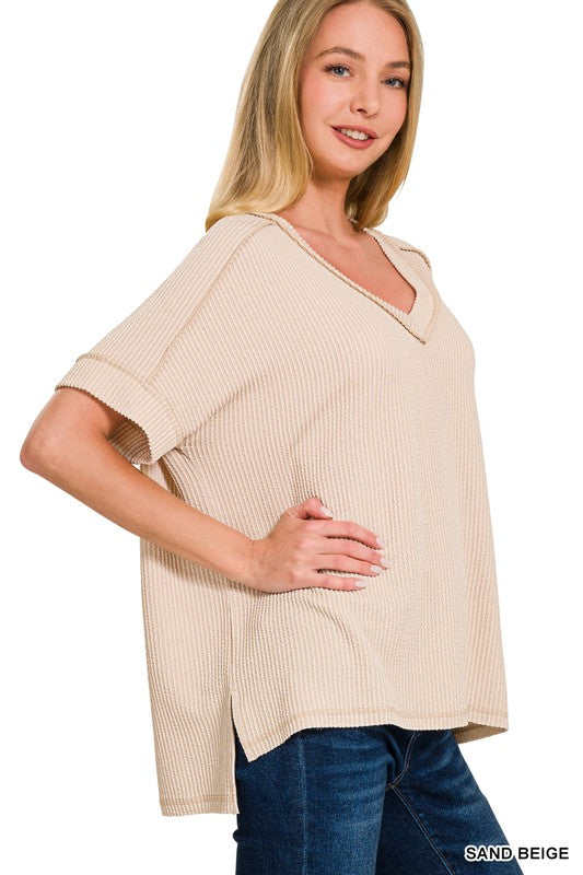 Ribbed Short Sleeve V Neck Top