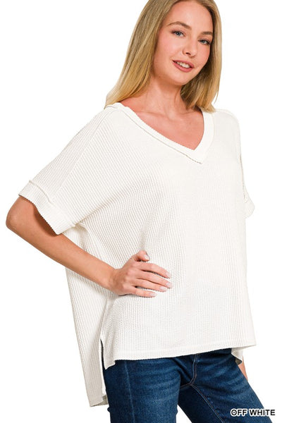 Ribbed Short Sleeve V Neck Top