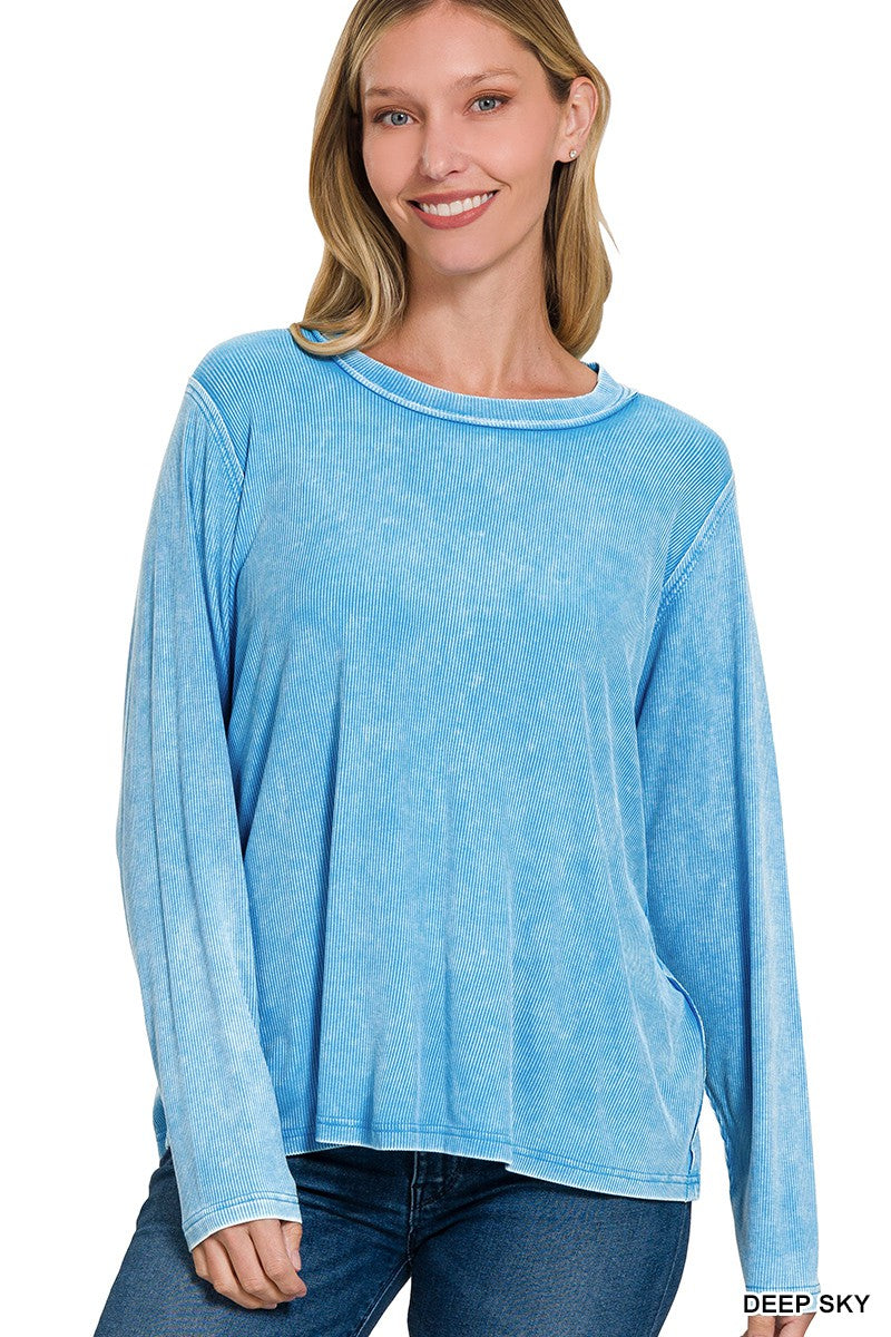 Deep Sky Washed Ribbed Scoop Neck Top