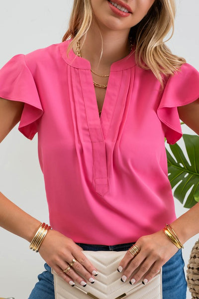 Pleated Neck Flutter Sleeve Top