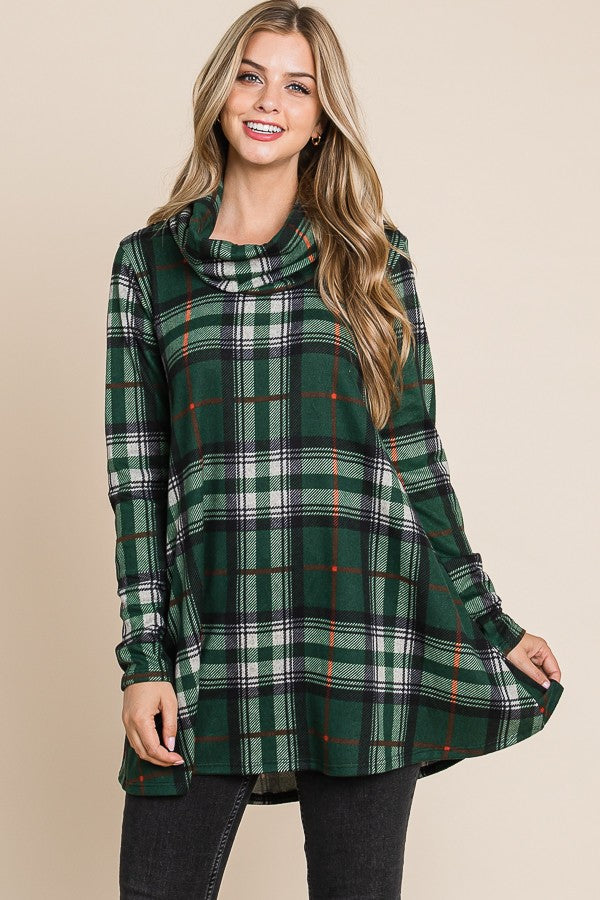 Plaid Cowl Neck Tunic