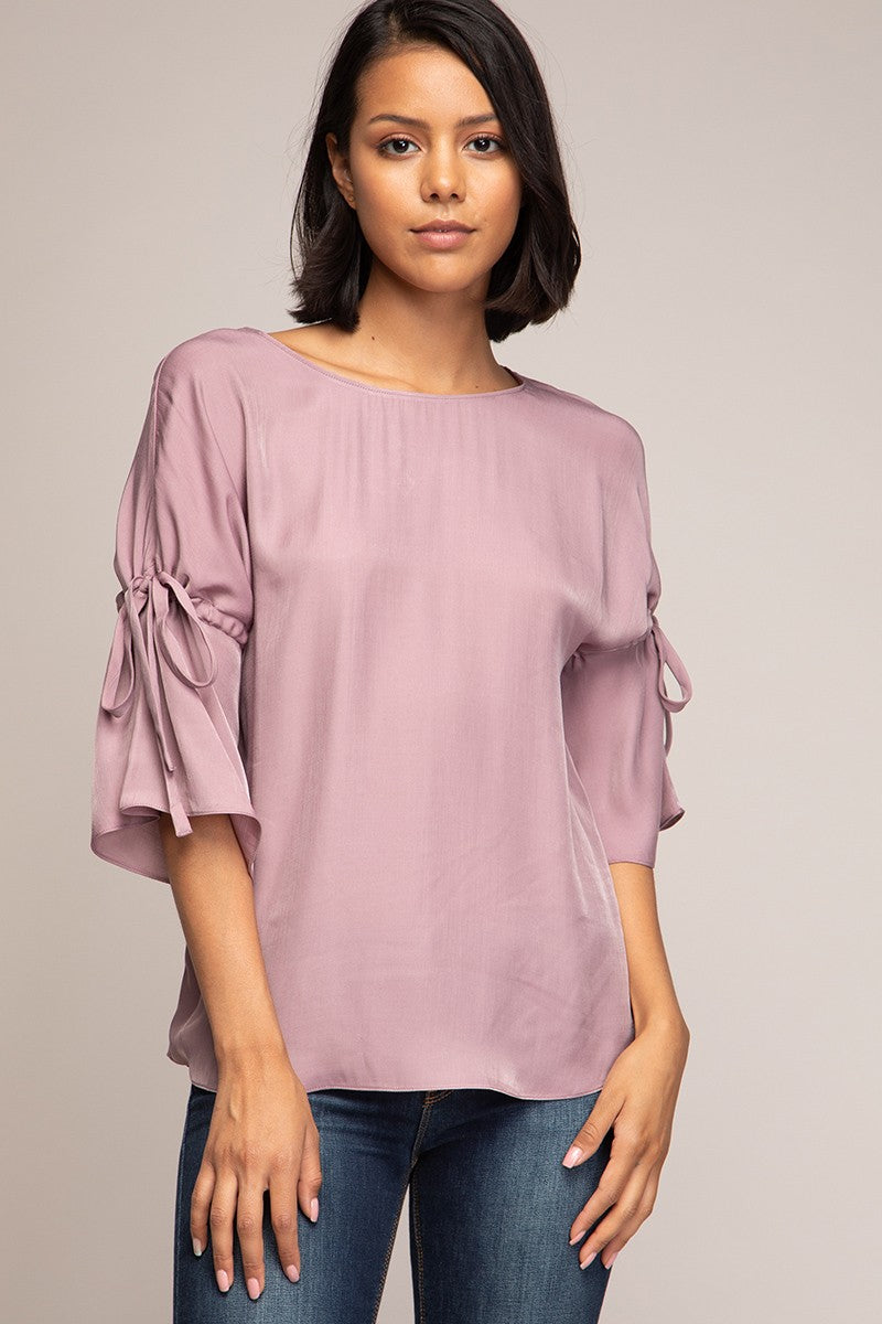 Boat Neck Mauve Bow Sleeve Top