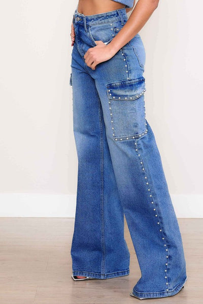 Pearl Detail High Rise Cargo Jeans