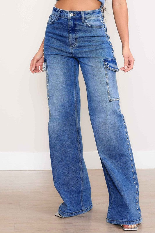 Pearl Detail High Rise Cargo Jeans