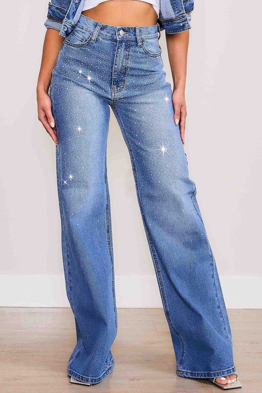 Rhinestone High Rise Wide Leg Jeans