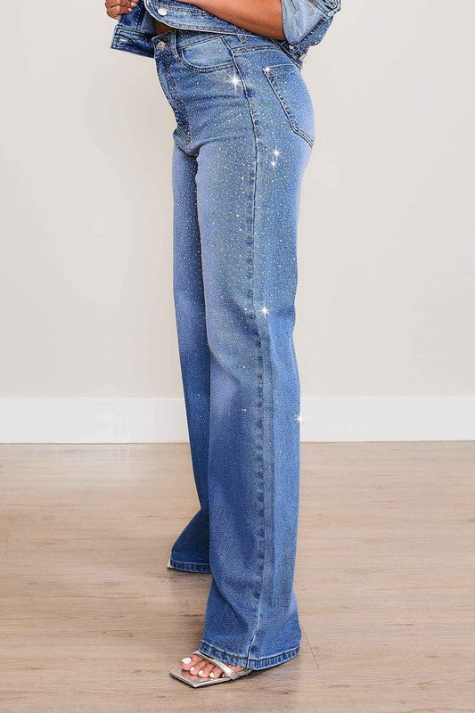 Rhinestone High Rise Wide Leg Jeans