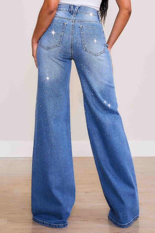 Rhinestone High Rise Wide Leg Jeans